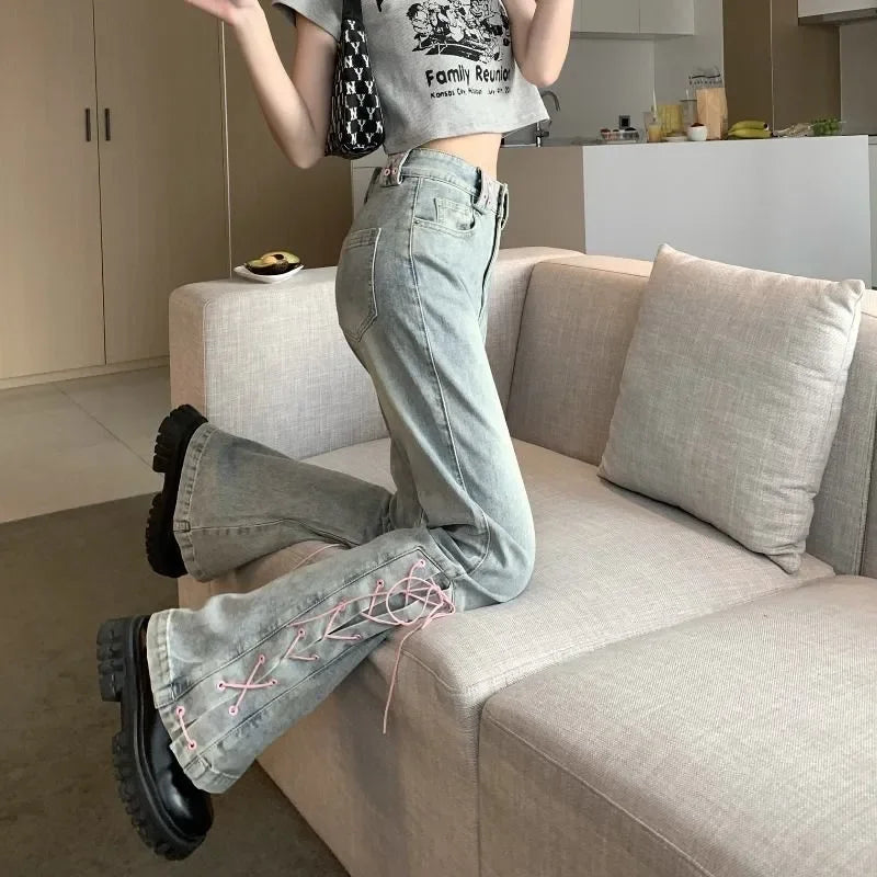 Vintage Lace-Up Flared Jeans
