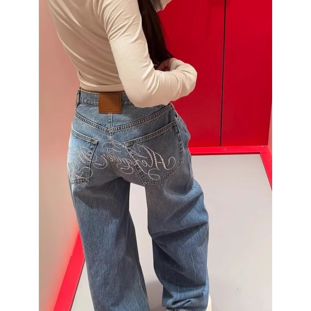 Denim Trousers With Rhinestone Embellishments