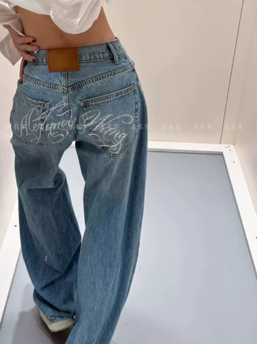 Loose Wide Leg Womens Jeans Casual Pants Trousers Vintage Retro Design American Style Chic Distressed Oversized Fashion