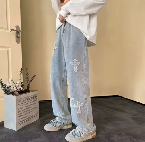 Vintage Men's Straight Jeans Cross Embroidery Casual Jeans Denim Loose Hip Hop Four Seasons Fashion Streetwear Pants Black Blue