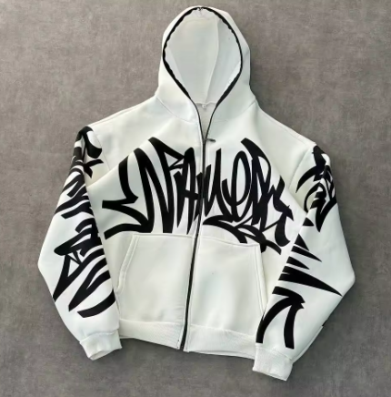 Trend High Street Letters Graffiti Printed Zipper Hoodie Retro Y2K Men Gothic Hip Hop Punk Casual Oversized Sweatshirt Harajuku