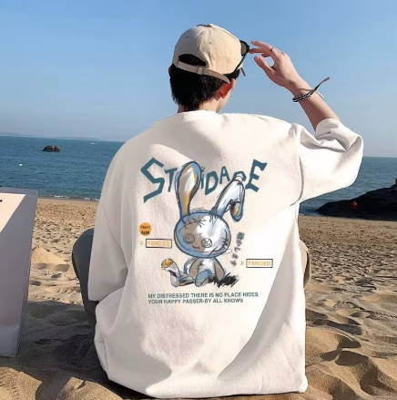 8XL Men Oversize Korean Fashion Loose American Love Puppet Rabbit Print Short Sleeve Round Neck Versatile Trend Couple outfit