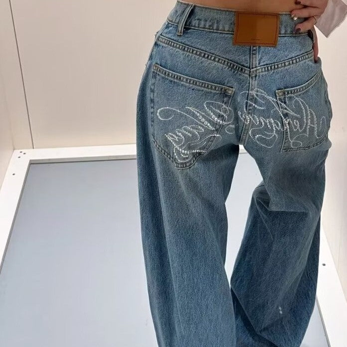 Denim Trousers With Rhinestone Embellishments