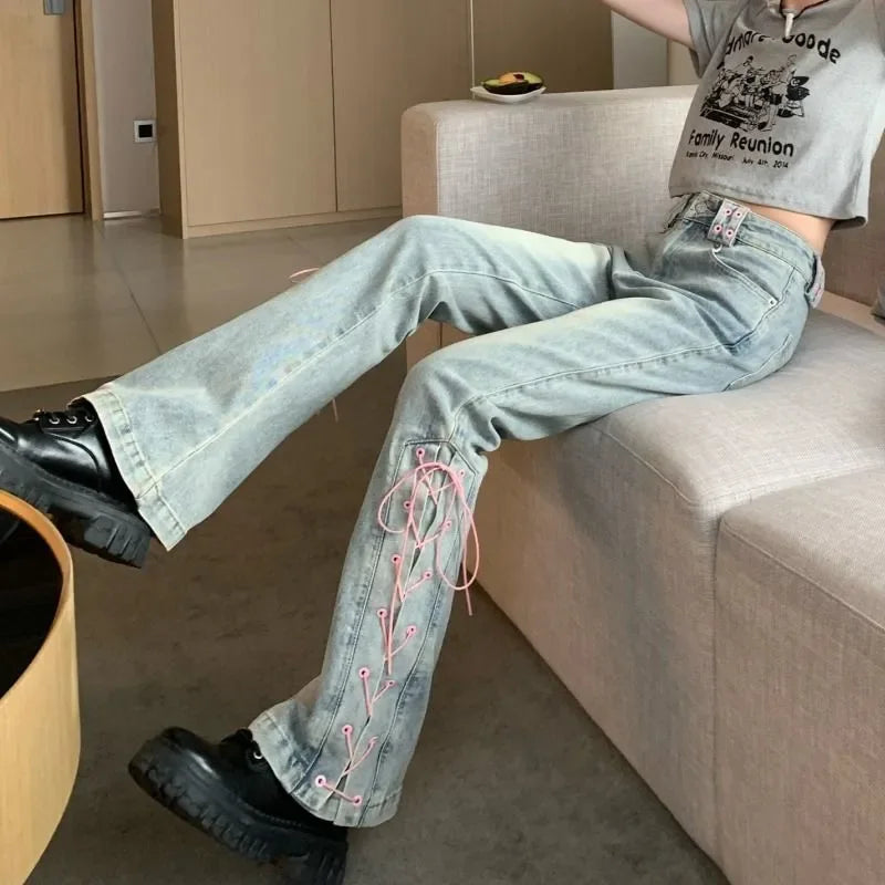 Vintage Lace-Up Flared Jeans