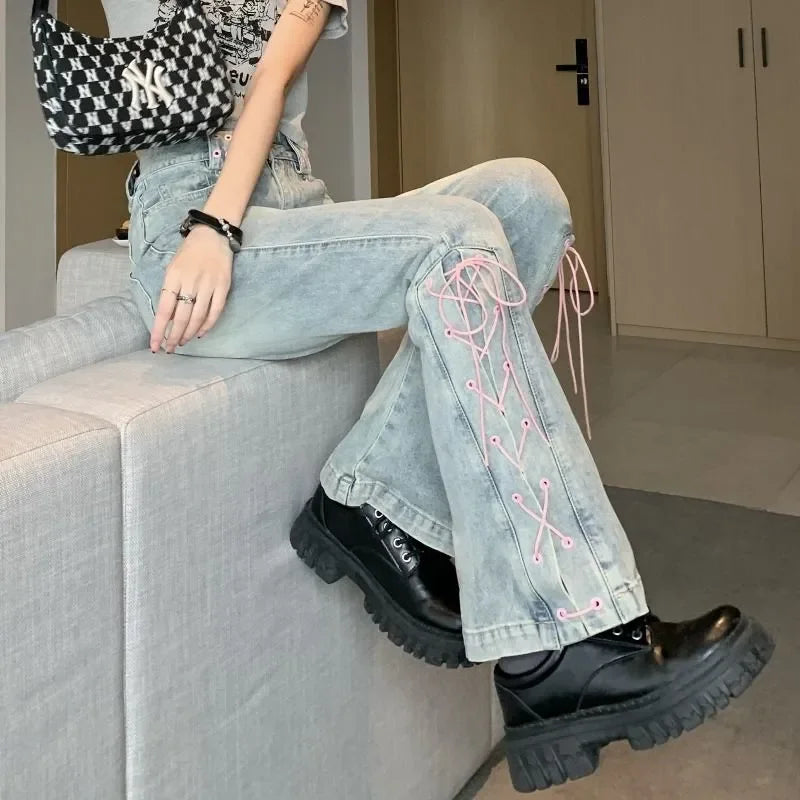 Vintage Lace-Up Flared Jeans