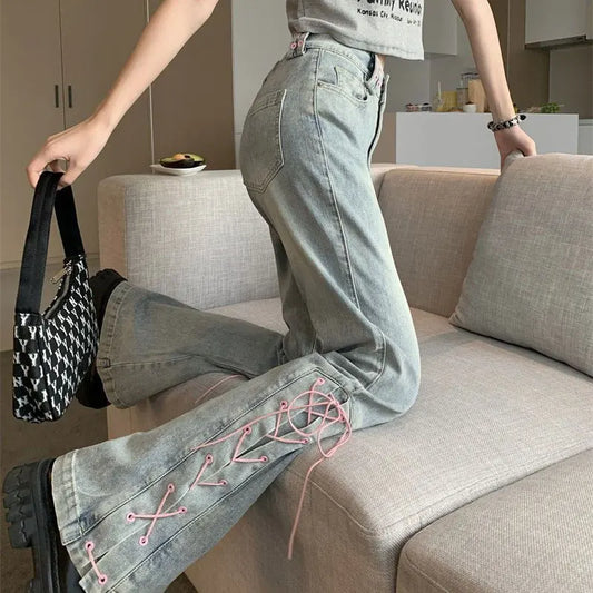 Vintage Lace-Up Flared Jeans