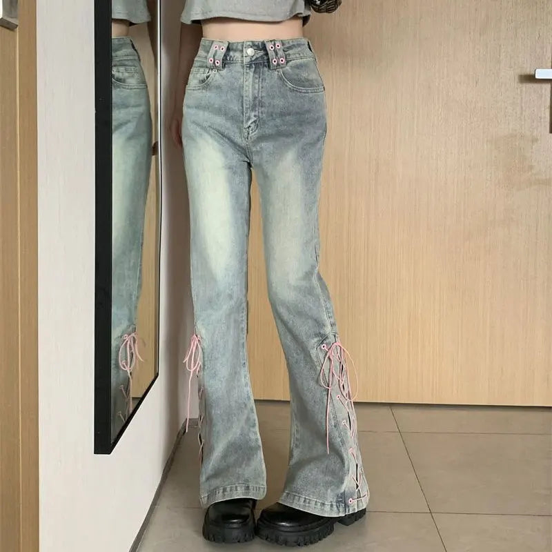 Vintage Lace-Up Flared Jeans